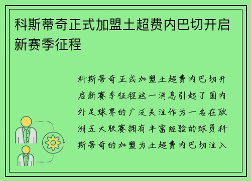 科斯蒂奇正式加盟土超费内巴切开启新赛季征程